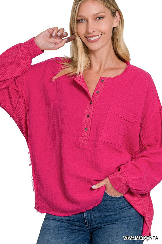 Zenana Double Gauze Oversized 3/4 Button Henley Neck Top