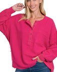 Zenana Double Gauze Oversized 3/4 Button Henley Neck Top