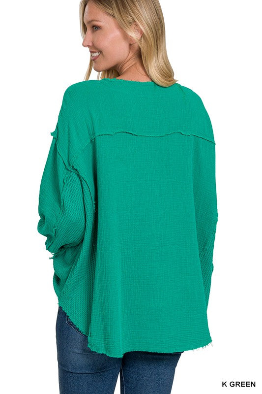 Zenana Double Gauze Oversized 3/4 Button Henley Neck Top