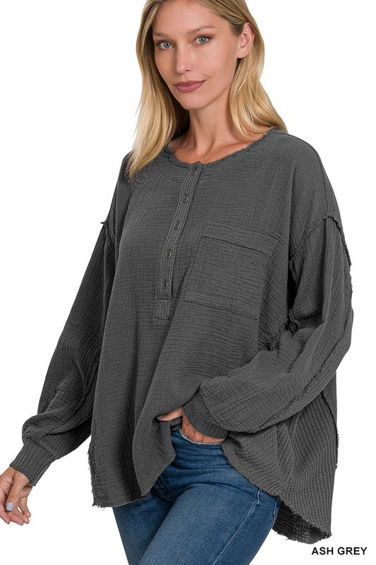 Zenana Double Gauze Oversized 3/4 Button Henley Neck Top