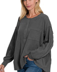 Zenana Double Gauze Oversized 3/4 Button Henley Neck Top