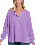 Zenana Double Gauze Oversized 3/4 Button Henley Neck Top