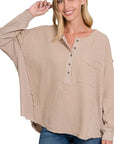 Zenana Double Gauze Oversized 3/4 Button Henley Neck Top