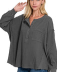 Zenana Double Gauze Oversized 3/4 Button Henley Neck Top