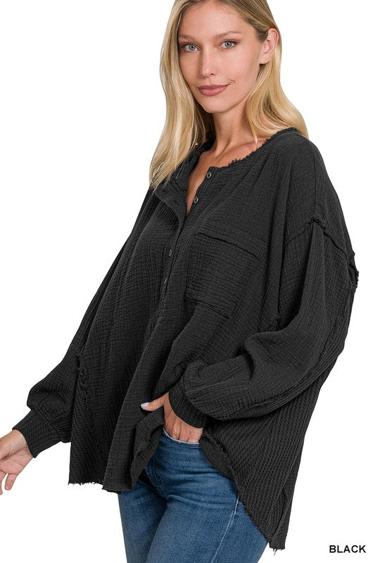 Zenana Double Gauze Oversized 3/4 Button Henley Neck Top