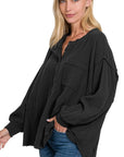 Zenana Double Gauze Oversized 3/4 Button Henley Neck Top