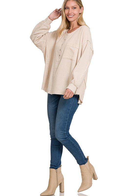 Zenana Double Gauze Oversized 3/4 Button Henley Neck Top