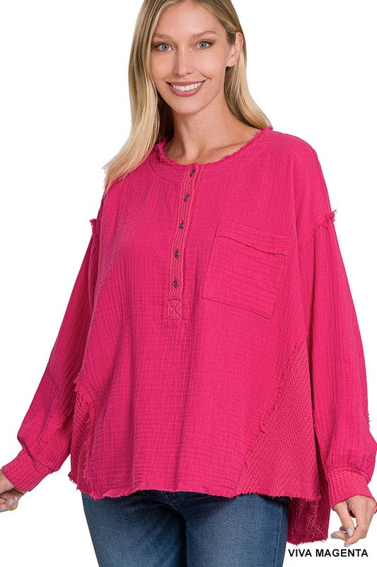 Zenana Double Gauze Oversized 3/4 Button Henley Neck Top