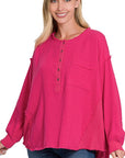 Zenana Double Gauze Oversized 3/4 Button Henley Neck Top