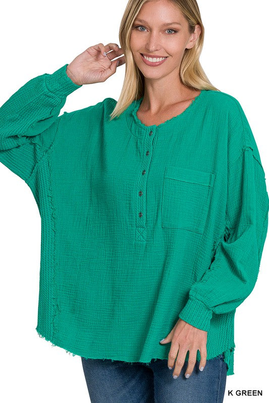 Zenana Double Gauze Oversized 3/4 Button Henley Neck Top