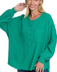 Zenana Double Gauze Oversized 3/4 Button Henley Neck Top