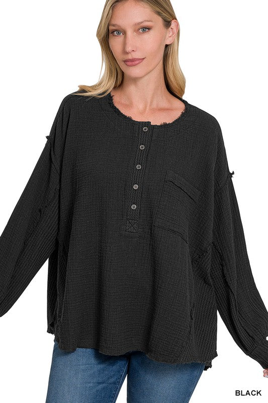 Zenana Double Gauze Oversized 3/4 Button Henley Neck Top