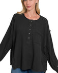 Zenana Double Gauze Oversized 3/4 Button Henley Neck Top