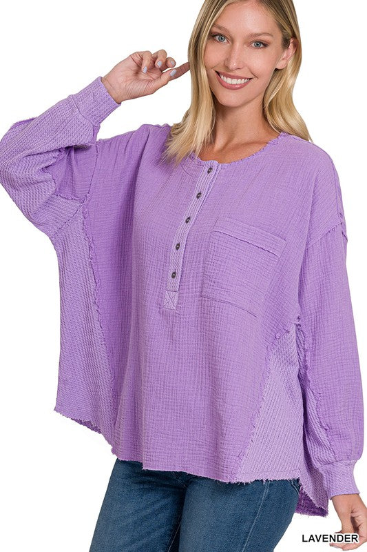 Zenana Double Gauze Oversized 3/4 Button Henley Neck Top