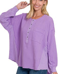 Zenana Double Gauze Oversized 3/4 Button Henley Neck Top