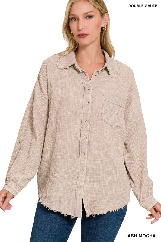 Zenana Washed Double Gauze Button Down Shirt