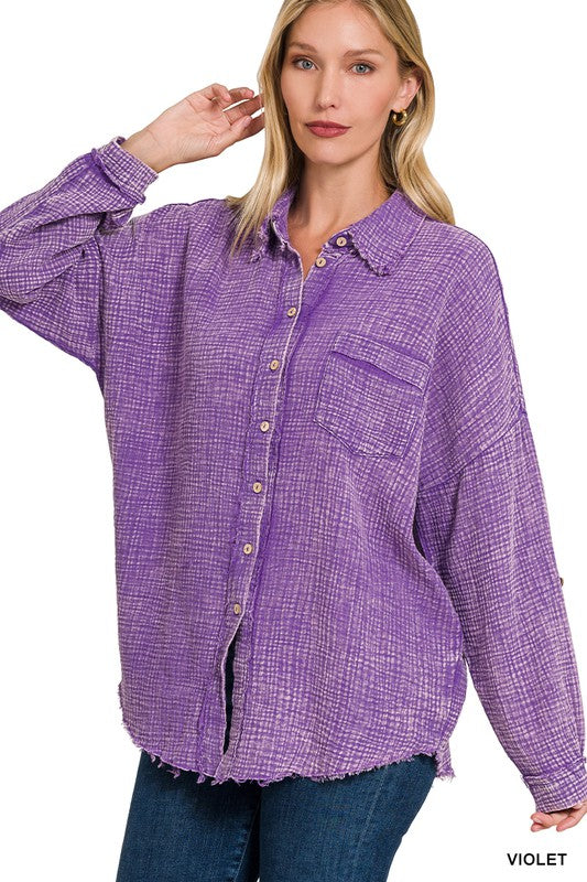 Zenana Washed Double Gauze Button Down Shirt