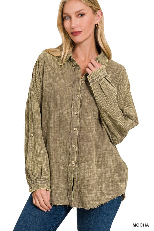 Zenana Washed Double Gauze Button Down Shirt