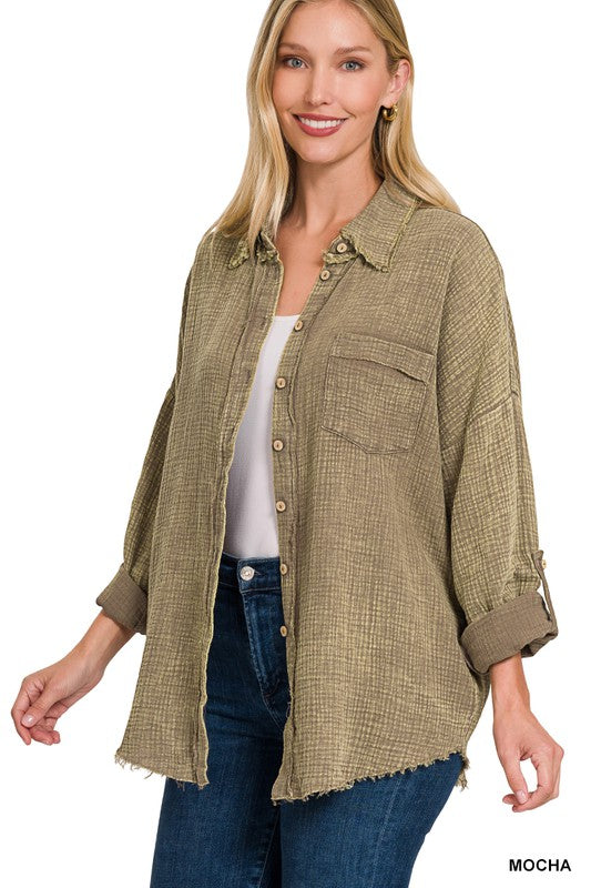 Zenana Washed Double Gauze Button Down Shirt