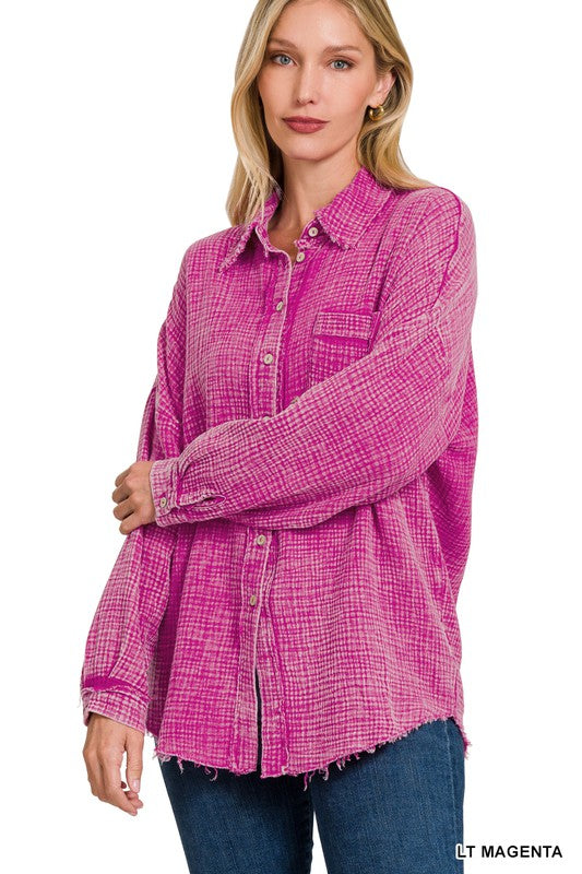 Zenana Washed Double Gauze Button Down Shirt