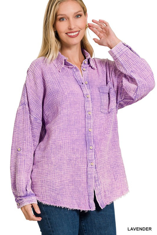 Zenana Washed Double Gauze Button Down Shirt