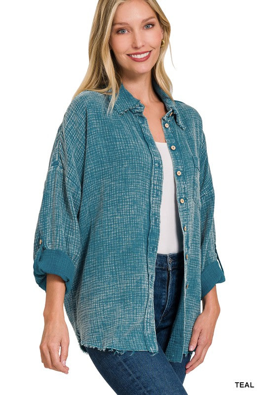 Zenana Washed Double Gauze Button Down Shirt