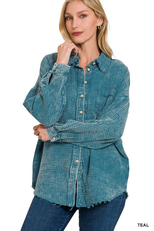 Zenana Washed Double Gauze Button Down Shirt