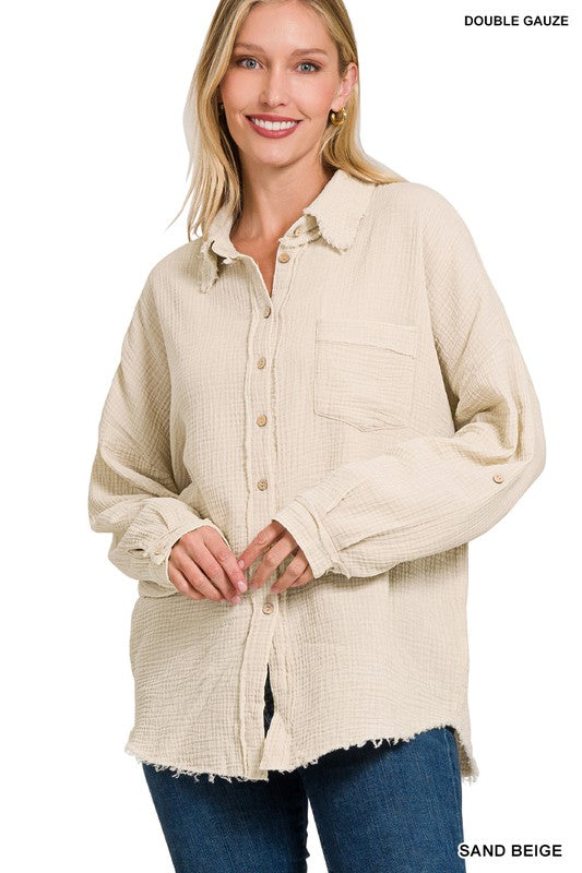 Zenana Washed Double Gauze Button Down Shirt