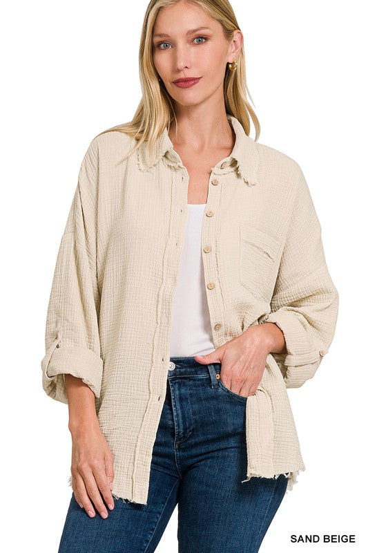 Zenana Washed Double Gauze Button Down Shirt