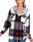 Zenana Plaid Drawstring Hooded Fleece Shacket