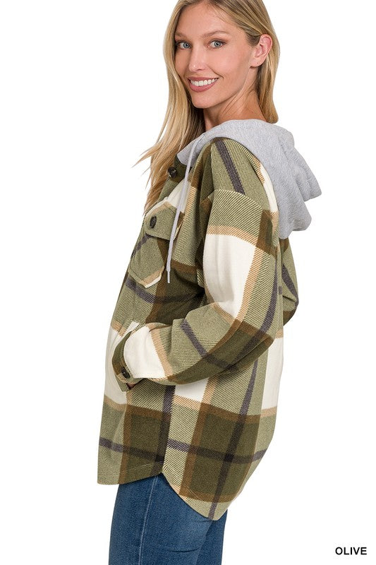Zenana Plaid Drawstring Hooded Fleece Shacket