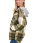 Zenana Plaid Drawstring Hooded Fleece Shacket