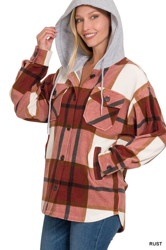 Zenana Plaid Drawstring Hooded Fleece Shacket