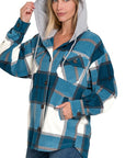 Zenana Plaid Drawstring Hooded Fleece Shacket