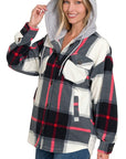 Zenana Plaid Drawstring Hooded Fleece Shacket