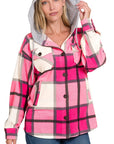 Zenana Plaid Drawstring Hooded Fleece Shacket