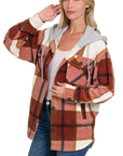 Zenana Plaid Drawstring Hooded Fleece Shacket