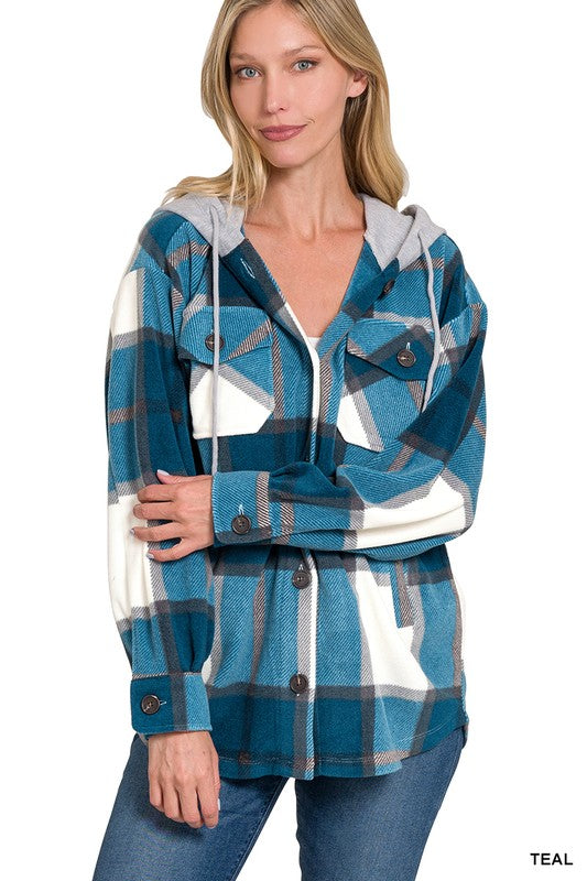 Zenana Plaid Drawstring Hooded Fleece Shacket