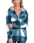 Zenana Plaid Drawstring Hooded Fleece Shacket