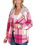 Zenana Plaid Drawstring Hooded Fleece Shacket