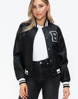 Love Me Now PU Leather Contrast Snap Down Bomber Jacket