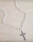 Pearl Long Beaded Necklace with Antique Silver Cross