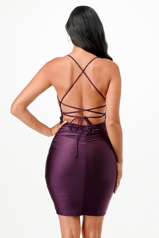 La Scala Back Lace Up Short Dress with Waist Shirring