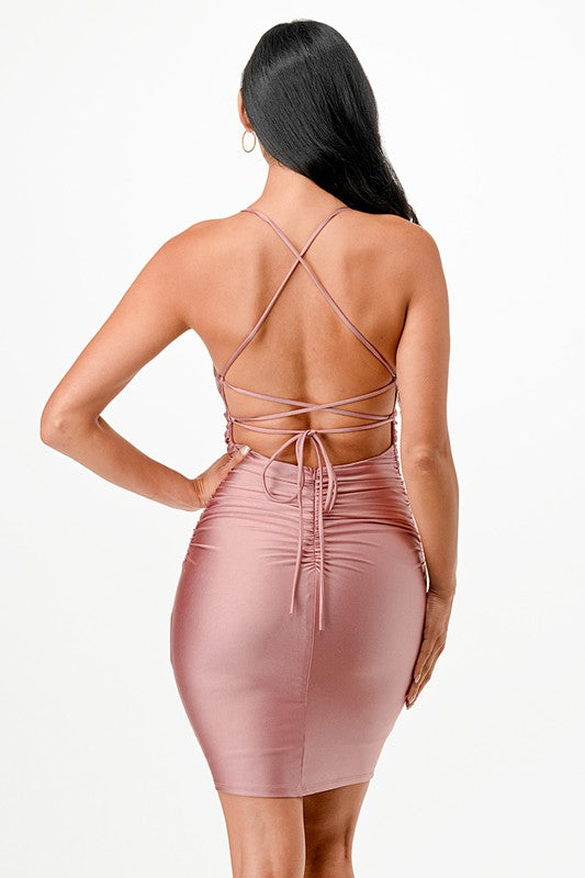 La Scala Back Lace Up Short Dress with Waist Shirring