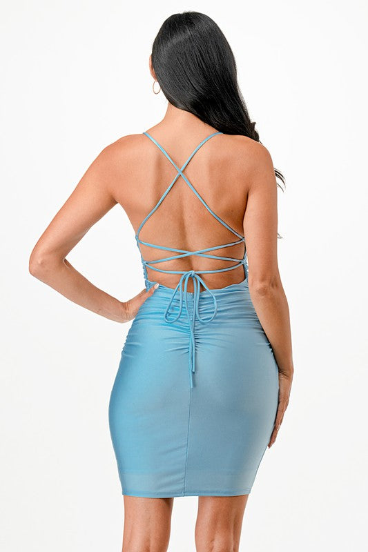 La Scala Back Lace Up Short Dress with Waist Shirring