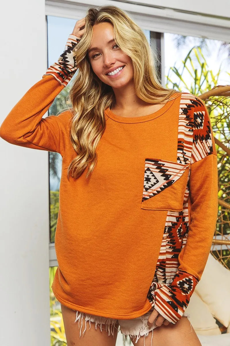 BiBi French Terry with Aztec Print Top