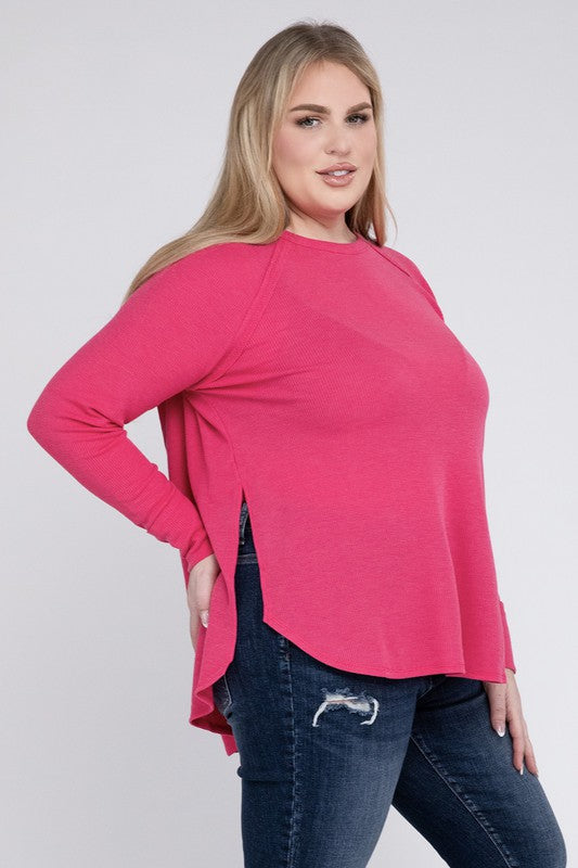 ZENANA Plus Melange Baby Waffle Long Sleeve Top