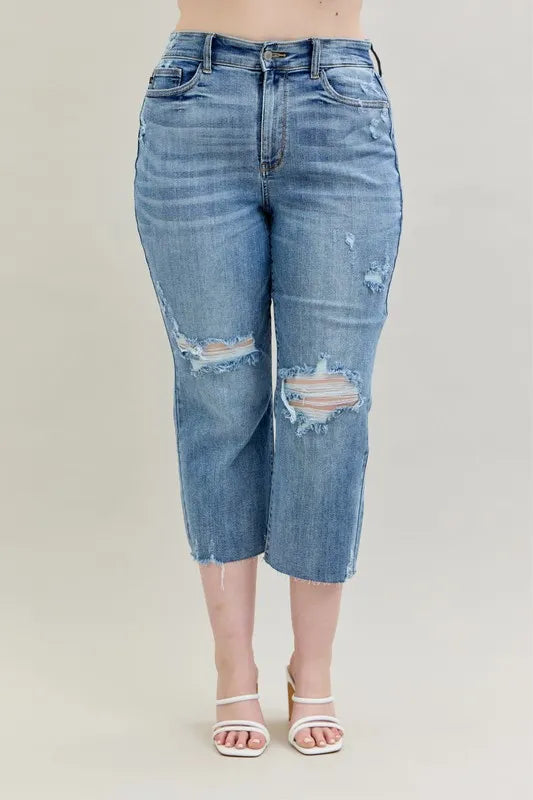 Judy Blue Full Size High Waist Destroy Crop Wide Leg Jeans Plus Size