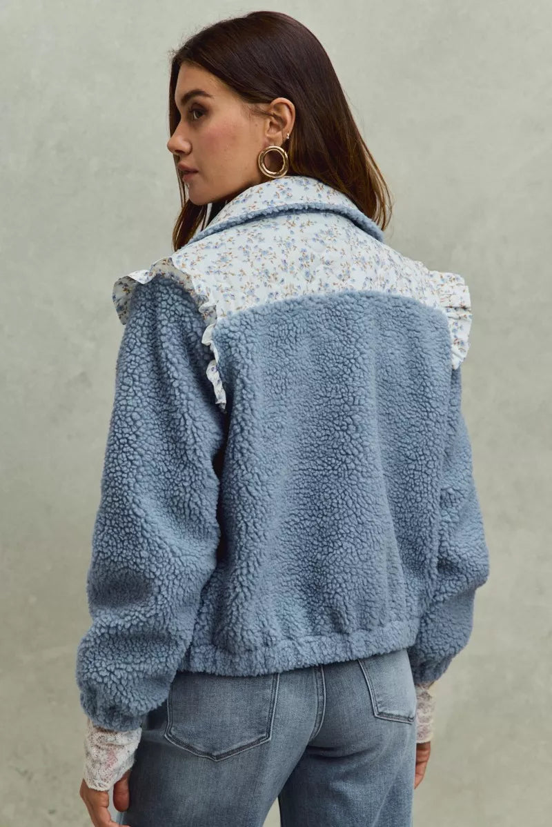 SO ME Faux Fur Sherpa Pull Jacket with Floral Contrast