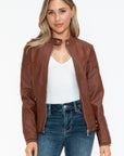 Snobbish Faux Leather Biker Jacket with Side Zip Pockets